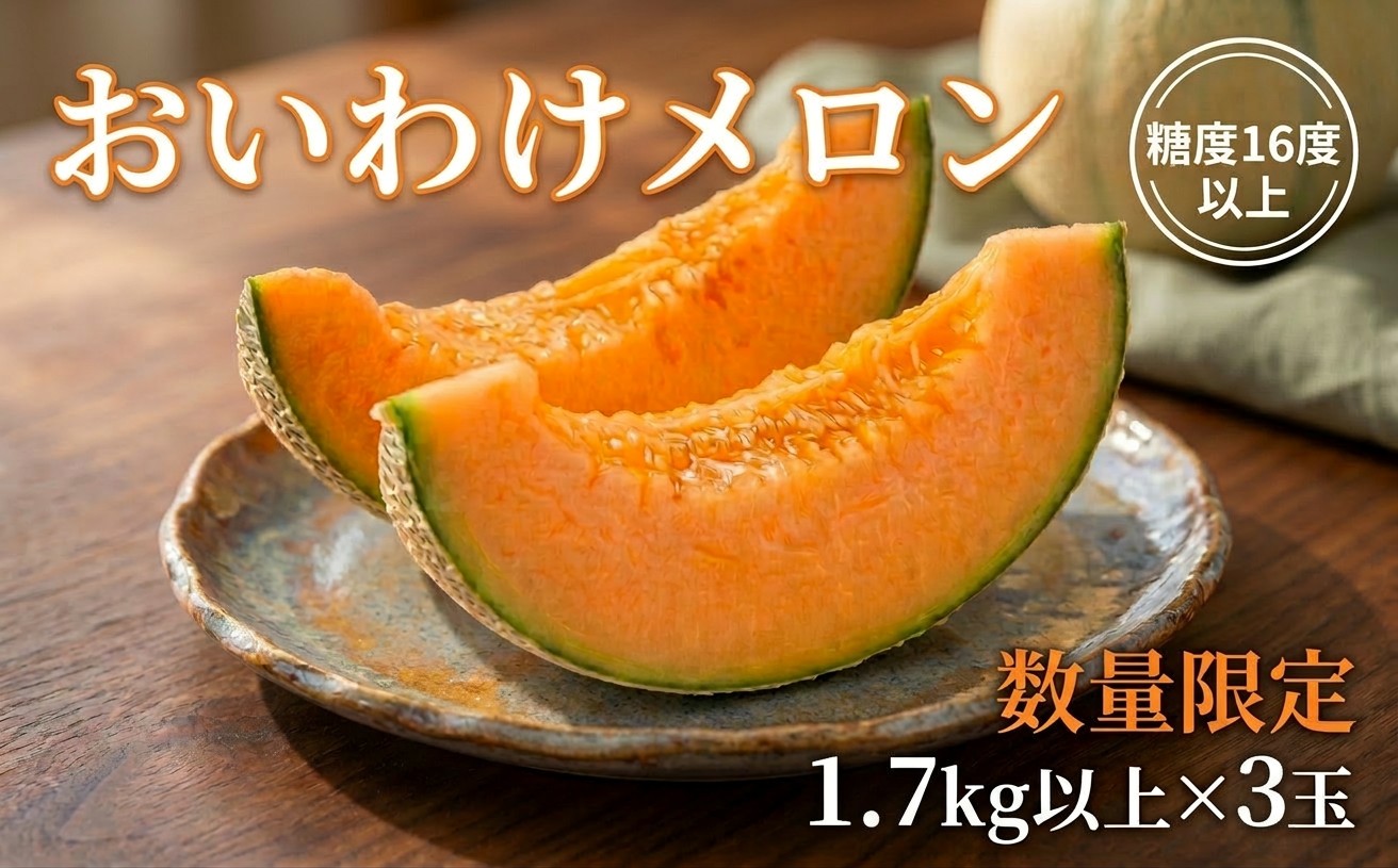 【数量限定】 おいわけメロン 糖度16度以上　1.7kg以上×3玉入【1000244】