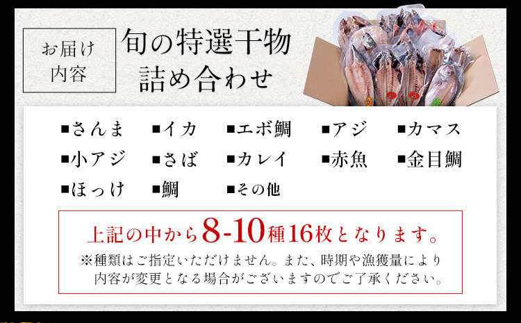 旬の特選干物セット 8-10種16枚 株式会社鈴八フーズ 《90日以内に出荷予定(土日祝除く)》【配送不可地域：離島】さんま アジ 小アジ 金目鯛 イカ カマス 赤魚 さば エボ鯛 鯛 カレイ ホッケ