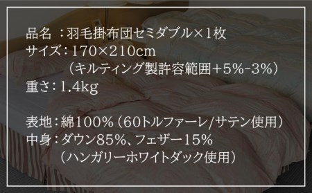 羽毛布団 セミダブル ハンガリー産 ホワイトダックダウン85%使用 エクセルゴールドラベル トルファーレ60 サテン生地《壱岐市》【壱岐工芸】[JCD010] 167000 167000円