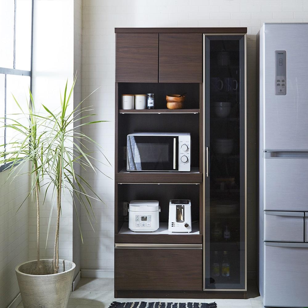 (ブラウン)【開梱設置】レビュー キッチンボード 幅90cm 耐震 食器棚 キッチン収納 ダイニングボード 完成品 スリム 大川家具 日本製