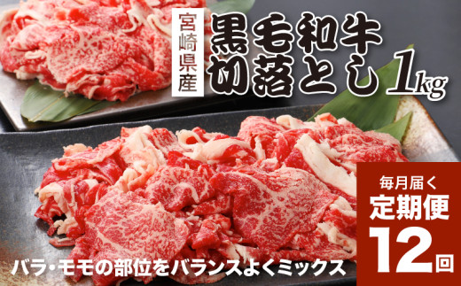 
                  【12回定期便】宮崎県産 黒毛和牛 贅沢切落し1kg(500ｇ×2P×12回)_K16_T016_1
                