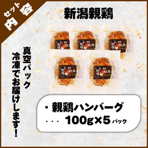 親鶏 ハンバーグ 5個 500g 100g × 5 パック 鶏肉 鶏 チキン タンパク つくね 肉 とり 精肉 ブランド鶏 おかず おつまみ 冷凍 小分け 簡単調理 郷土食 新潟親鶏 新潟産 新発田産