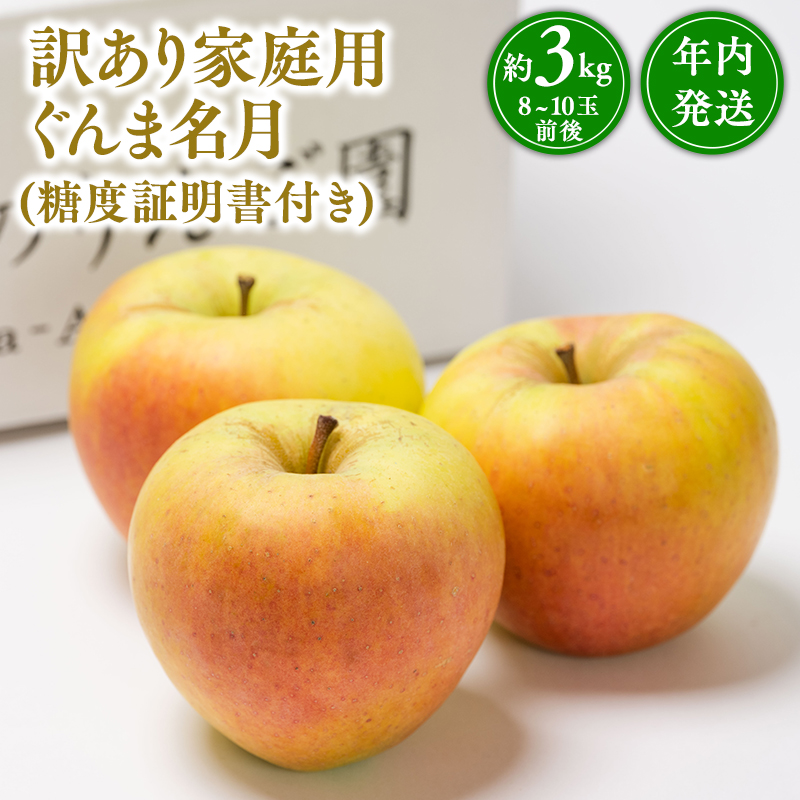 年内発送 【訳あり】家庭用ぐんま名月約3kg（糖度証明書付き）【青森県 平川市 那由多のりんご園】家庭用  青森 青森県産 平川 りんご リンゴ 林檎 くだもの 果物 フルーツ 名月