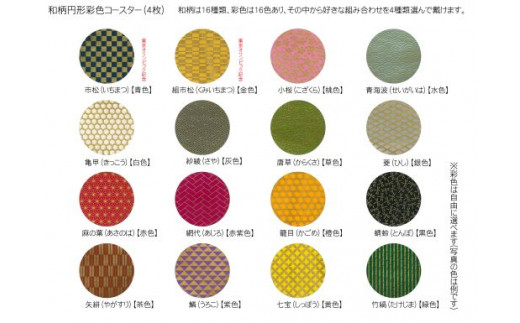 木製和柄彩色コースター(4枚セット)丸　和柄縁起解説入 ふるさと納税 表札 木製 木彫り 平彫り 木工  木製品 オーダーメイド 京都府 福知山市