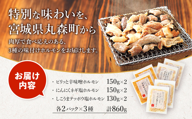 【古今東北】 丸森町大槻ファーム 豚ホルモン3種セット(計860g） | 古今東北 大槻ファーム 豚ホルモン 3種類 セット 860g めぐみ野豚 めぐみ野ポーク 三元豚 豚肉 焼肉 ホルモン 味付き