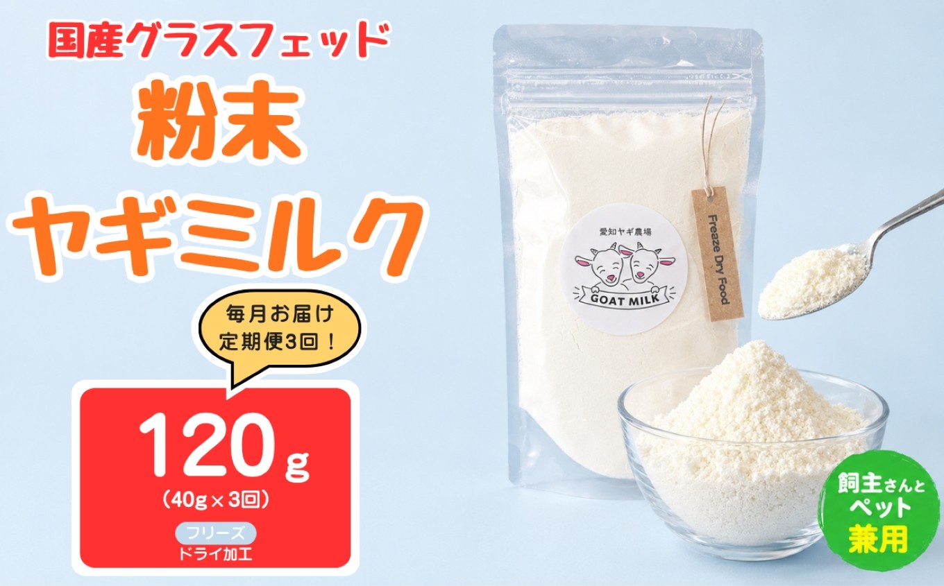 
                  【定期便3回】国産グラスフェッド【人間・ペット兼用】粉末ヤギミルク40g×1袋　フリーズドライ加工（愛知ヤギ農場産） | 栄養満点 全脂粉乳 無添加 パウダー 山羊乳 送料無料
                