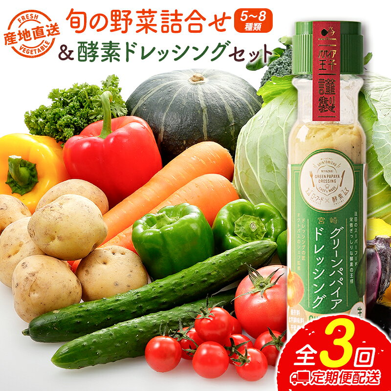 【ふるさと納税】産地直送！旬の野菜（5〜8種類）＆ドレッシング セット 3か月定期便 おまかせ 詰合せ 宮崎県新富町産［※7・8月はラインナップ都合により配送なし］