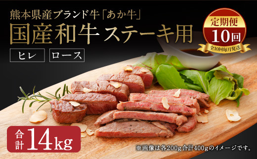 
【定期便10か月】熊本県産 ステーキ用 あか牛 ヒレ肉600g ロース肉800g【合計14kg】
