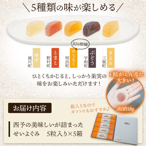 ＜果汁たっぷり！西予の美味しいが詰まったせいよぐみ 25粒（5種類各1粒×5箱）＞ お菓子 デザート スイーツ グミ 洋菓子 おやつ 特産品 ゆず トマト のうろく ブドウ きよみ スイーツ工房絹 愛