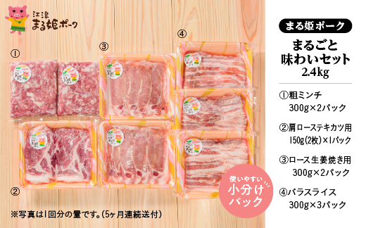 定期便【5カ月】まる姫ポーク まるごと味わいセット（ロース生姜焼き用・肩ローステキカツ用・バラスライス・粗ミンチ）2.4kg×5回（計12kg）