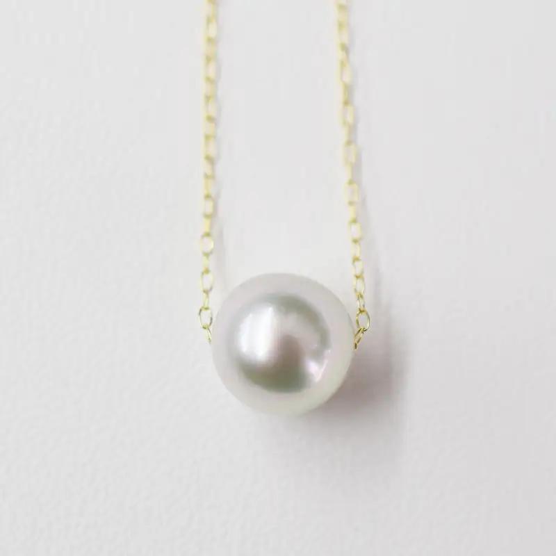 S101-322-10YG_天草産 9mm - 9.5mm ネックレス あこや真珠 ナチュラル 1粒 スルー K10 【ネックレス：K10YG】