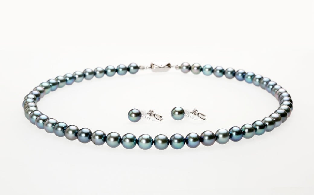 あこや真珠 （8～8.5mm珠、ブラック系） ネックレス ＆ イヤリング セット