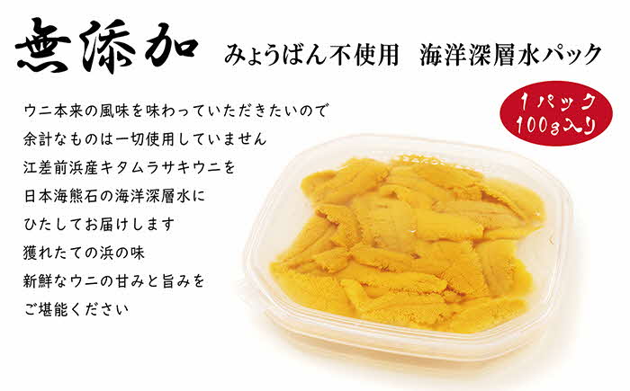 北海道 江差前浜産 生うに 200g（100g×2パック）【無添加・みょうばん不使用】江差産天然キタムラサキウニ　日本海熊石産海洋深層水　塩水ウニ　素材を生かした自然の味　国産うに　雲丹　100グラム