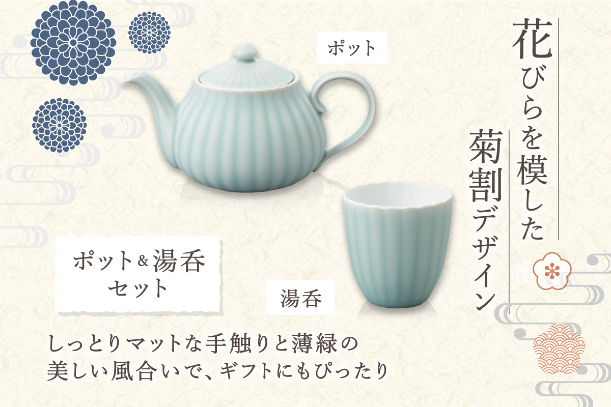 【伊万里焼】モイスト 菊割ポット・菊割湯呑（2個）セット 028-H1188