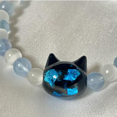 ふるさと納税 奈良市 猫玉ホタルガラスの天然石ブレスレット|アクアマリン&キャッツアイ|レディースサイズ |  | 01