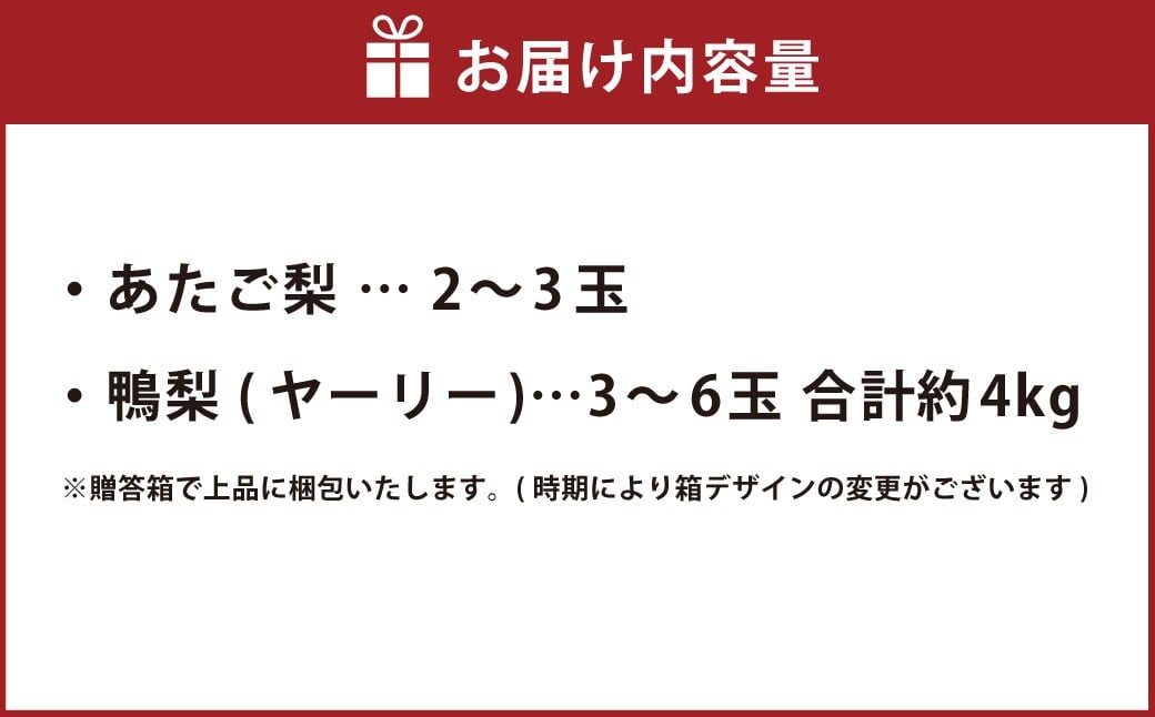 あたご梨 2～3玉 ・ 鴨梨 （ヤーリー） 3～6玉 詰合せ 合計約4kg 贈答箱