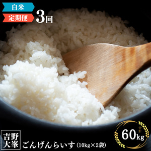 【定期便】吉野大峯ごんげんらいす　10kg×2袋　3ヵ月連続 計60kg 白米《水本米穀店》