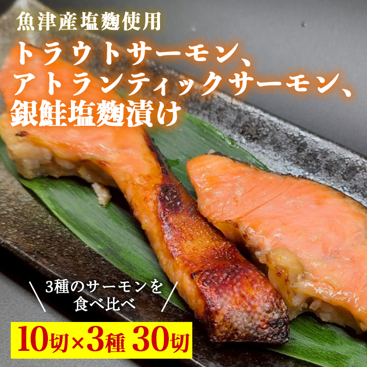 トラウトサーモン塩麹漬け,アトランティックサーモン塩麹漬け,銀鮭塩麹漬け各10切ずつセット ※北海道・沖縄・離島への配送不可