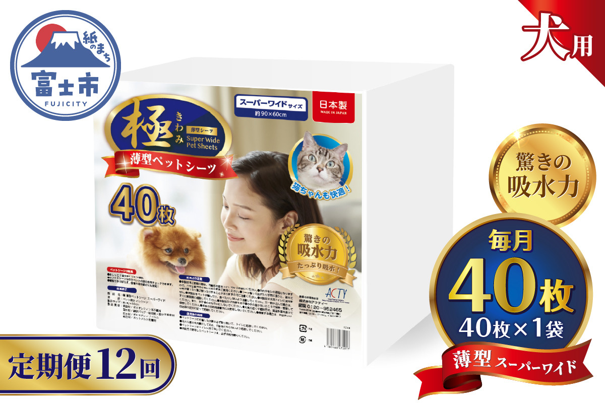 
            定期便 12回 ペットシーツ 【極】シリーズ 薄型スーパーワイド 40枚 ペット用 犬用 猫用 トイレシーツ 日用品 ペット用品 防災 備蓄 消耗品 ドッグ キャット わんちゃん ねこちゃん 静岡県 富士市 [sf077-141]
          