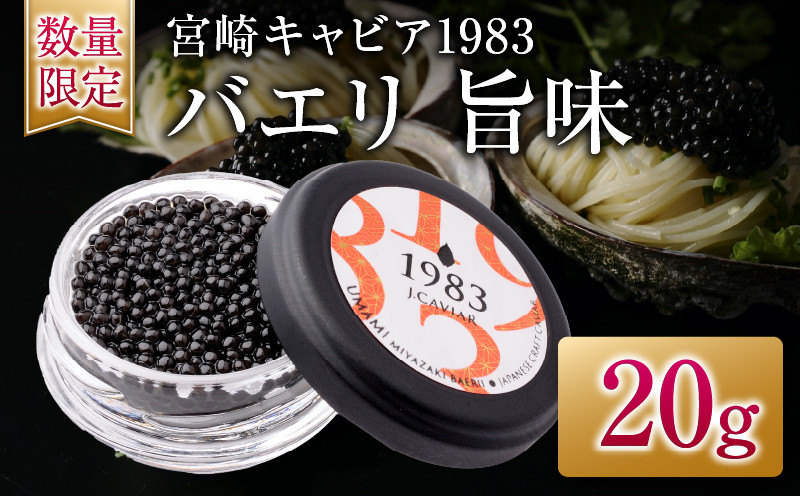 
            数量限定 宮崎キャビア1983 バエリ 旨味 20g キャビア 魚卵 魚介 国産 食品 加工品 高級 贅沢 三大珍味 黒いダイヤ おつまみ ご褒美 記念日 お祝い パーティー オードブル ギフト 贈り物 贈答 プレゼント お取り寄せ グルメ おすすめ 宮崎県 日南市 送料無料_GE13-25
          