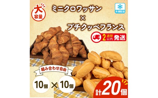 大容量 パン 20個 ミニクロワッサン × プチクッペフランスパン 冷凍 ホテルパン 朝食 朝 ご飯 モーニング おやつ たっぷり 冷凍パン 人気 お子様 おすすめ 日持ちパン 非常食 防災 パン屋 伊勢 志摩 三重県 5000円 五千円 5千円 5000円以下