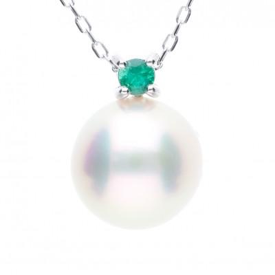 ふるさと納税 神戸市 【5月誕生石】無調色 アコヤ真珠 エメラルド K10WG ペンダント ネックレス チェーン付き