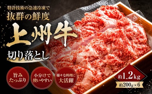 上州牛切り落とし 200g×6パック 1.2kg ｜牛肉 切り落とし 霜降り 和牛 高級 ぜいたく 贅沢 特別 牛 焼肉 すき焼き 牛丼 炒め物 ブランド牛 上州牛 使いやすい 便利 長期保存 冷凍 ストック 群馬県 前橋市