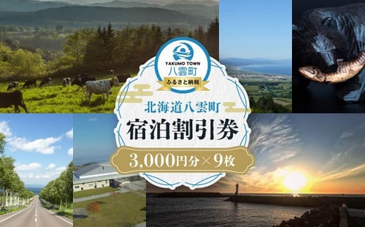 北海道八雲町　宿泊割引券3,000円分×9枚【 宿泊券 割引券 旅行 ホテル ホテルチケット 観光 宿泊 ご当地 八雲町 北海道 】