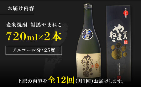 【全12回定期便】麦米焼酎 対馬やまねこ 25度 720ml 2本セット対馬 酒 贈り物 米焼酎 焼酎  [WAX024]