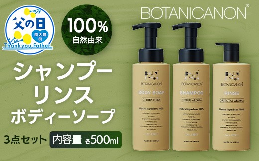 【父の日ギフトに】100％自然由来シャンプー＆リンス＆ボディーソープ 3点セット BF-515-FA │父の日 美容 シャンプー リンス ボディーソープ バスタイム ヘアケア スキンケア ボディケア アロマ ハーブ 月桃 蒸留水 クエン酸 オイル ココナッツ パーム ツバキ  髪 潤い ハリ 弾力 キューティクル ボタニカノン 鹿児島県 南大隅町 ボタニカルファクトリー　