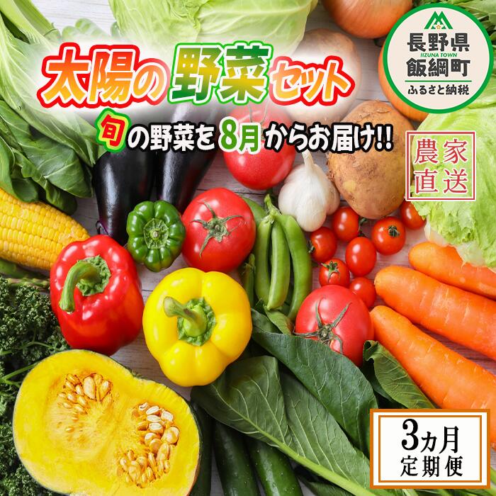 【ふるさと納税】 太陽の野菜セット 【 8月から 3か月 定期便 】 配送先は本州限定 ( 化学肥料 除草剤 不使用 ) 【 旬の野菜 80サイズ段ボール1箱分 】〔 野菜 3ヶ月 詰め合わせ セット 信州 長野 飯綱町 〕 発送時期：2025年8月中旬〜2025年10月中旬