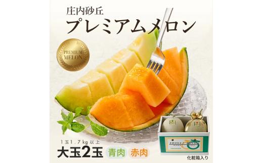 庄内砂丘プレミアムメロン 大玉 青肉メロン 赤肉メロン 各1玉 1.7kg以上 計2玉 3.4kg以上 2026年7月上旬～8月上旬頃お届け 贈り物 お取り寄せ 夏 果物 フルーツ メロン 青 赤 セット 詰合せ 東北 山形県 酒田市 庄内 庄内砂丘 砂丘メロン 農協 JA 直送 化粧箱 JA庄内みどり　SA2812