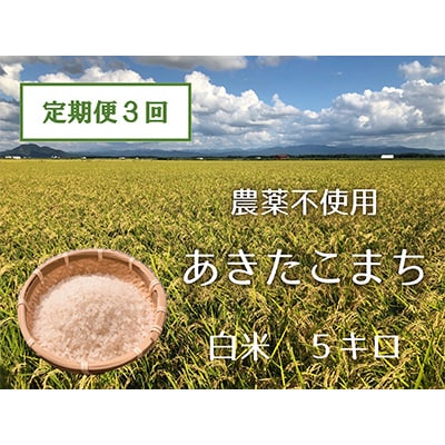 【2ヵ月毎定期便】あきたこまち白米5kg (栽培期間中農薬不使用・化学肥料不使用) 全3回【配送不可地域：離島・沖縄県】