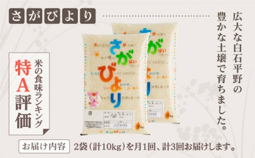 【12年連続特A受賞】【3回定期便】白石産さがびより 各回10kg（5kg×2袋）【佐賀県農業協同組合】 [IAK009]