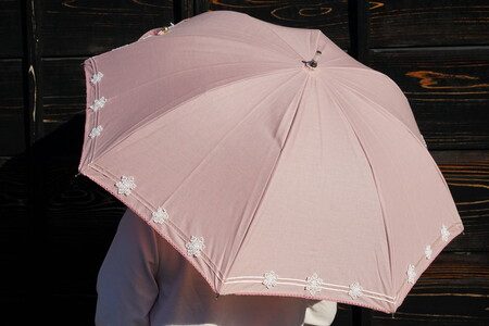雪華模様の刺繍入り日傘（晴雨兼用・サイズ50ｃｍ・UV加工・麻50％綿50％）カラー：ピンク _BL21