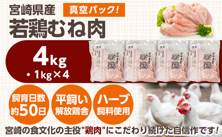 宮崎県産若鶏 むね肉(4kg)_LG-G302_(都城市) 宮崎県産 若鶏 鶏肉 真空 むね肉 平飼い ハーブ やわらかく ふっくら ジューシー 