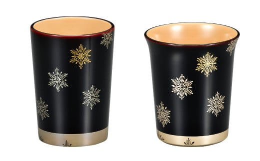 輪島塗　ペアフリーカップ（溜内白塗　スノークリスタル蒔絵）