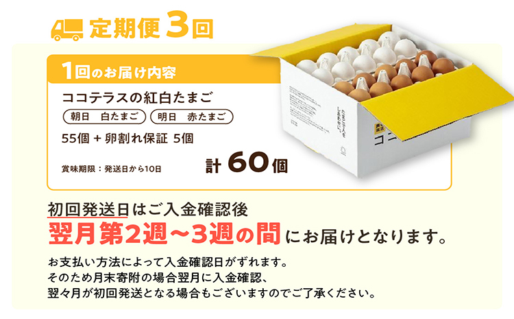 【3ヵ月定期便】ココテラスの紅白たまご　55個 + 5個保証（計60個）