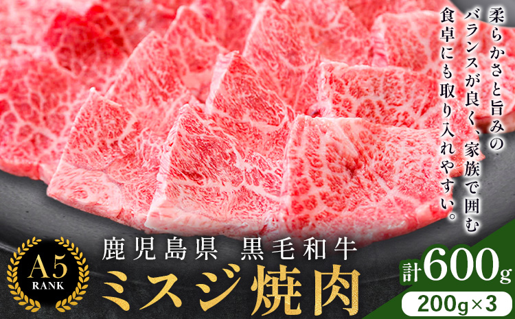 s626 【A5等級】鹿児島県産黒毛和牛ミスジ焼肉(計600g・200g×3パック)  鹿児島 国産 黒牛 牛肉 九州産 霜降り  焼肉 BBQ A5等級 ミスジ 小分け お肉 【カミチク】
