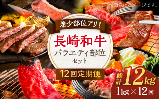 【12回定期便】希少部位アリ！ 長崎和牛 バラエティ 部位 セット 毎回1kg ×12回【川下精肉店】 [OAA019] / 牛肉 和牛 希少 長崎 部位 焼肉 ステーキ 切り落とし ＢＢＱ セット 