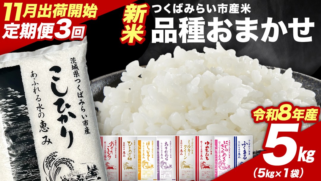 
                  ＼ 令和8年産 新米 先行予約 ／【 3回 定期便（11～1月出荷）】 品種おまかせ 5kg （精米） 茨城県つくばみらい市産 こしひかり コシヒカリ あきたこまち ひとめぼれ ふくまる ゆめひたち ミルキークイーン にじのきらめき 米 コメ こめ 単一米 限定 茨城県産 国産 美味しい お米 おこめ おコメ
                