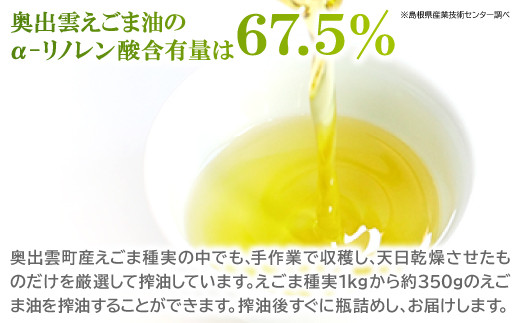 奥出雲えごま油のα-リノレン酸含有量は67.5％(※島根県産業技術センター調べ)