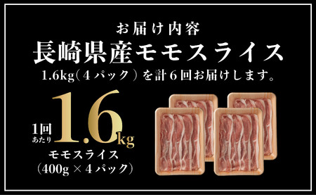 【6回定期便】 長崎県産 豚肉 モモスライス 1.6kg (400g×4) 総計9.6kg 定期便 小分け 冷凍 豚肉 しゃぶしゃぶ すき焼き ぶたにく 国産豚 6回 定期便 