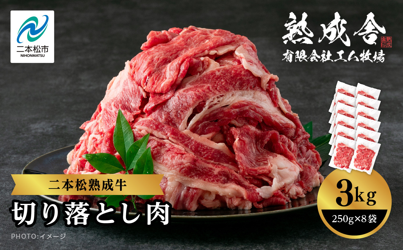 
                  二本松熟成牛 切り落とし3kg（250g×12袋）｜牛肉 切り落とし 熟成和牛 国産 小分け 250g×16P 牛肉 肉 牛丼 炒めもの カレー 肉じゃが【有限会社エム牧場】
                