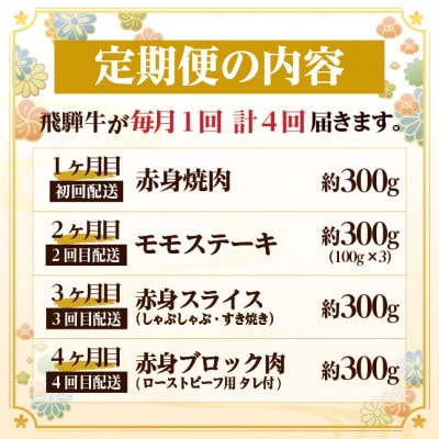 【毎月定期便】飛騨牛 赤身定期便 計1.2kg 焼肉 BBQ すき焼き しゃぶしゃぶ ブロック全4回【配送不可地域：離島】