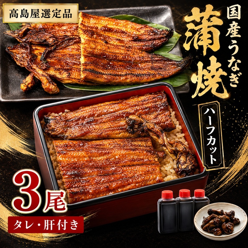 高島屋選定品 うなぎ 蒲焼き 3尾 ハーフカット タレ・肝付き 国産鰻 国産 うなぎ蒲焼 惣菜 おかず