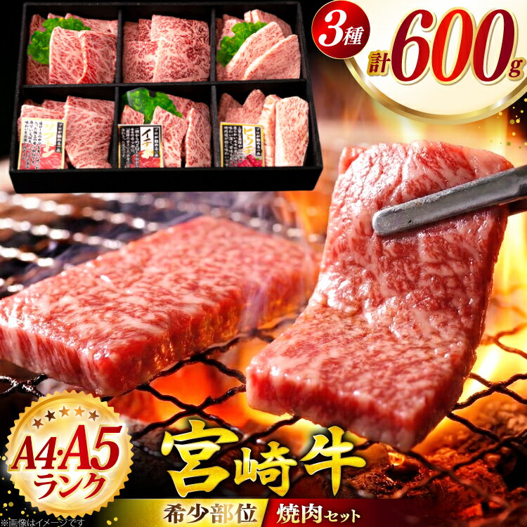 【ふるさと納税】 宮崎牛 希少部位 3種 焼肉 セット 合計600g [ハツトリー 宮崎県 美郷町 31aw0006] ザブトン イチボ ヒウチ 肩ロース モモ 国産 牛肉 冷凍 牛肉 内閣総理大臣賞受賞 宮崎県産 黒毛和牛 ブランド牛 A5 A4等級 送料無料 BBQ バーベキュー キャンプ