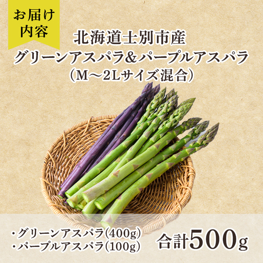 【A7082】＜特別栽培・期間限定＞北海道士別市産 アスパラ食べ比べ！グリーン＆パープル2色セット (M～2Lサイズ混合・500g) 【2026年5月以降順次発送】野菜 アスパラガス グリーンアスパラ