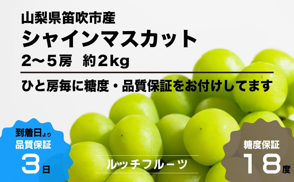 
            【糖度18度保証付】シャインマスカット 約2kg 2～5房【2025年発送】＜数量限定＞旬の美味しいフルーツだけをお届けします【ルッチ Rucci】産地直送 山梨県 笛吹市 糖度 品質 保証 葡萄 ぶどう 新鮮 旬 くだもの 果物 フルーツ 人気 ランキング リピート 高評価 ギフト 贈答 贈り物 化粧箱 2025年 令和7年 先行予約 期間限定 104-004
          