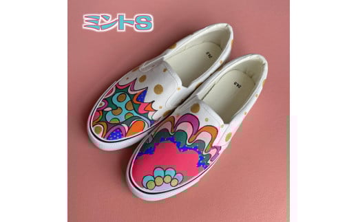 手描きスニーカー「ミントS」26.0cm 白地 カラフル アシンメトリー【受注制作】